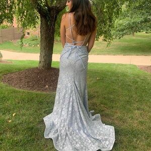 Light Blue Lace Backless Gown Sparkle Floral Patterm